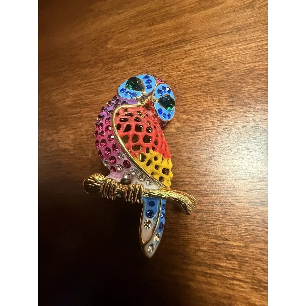 Vintage Rhinestone & Enamel Bird Owl Brooch Pin Vibrant Rainbow Color Gold-Tone